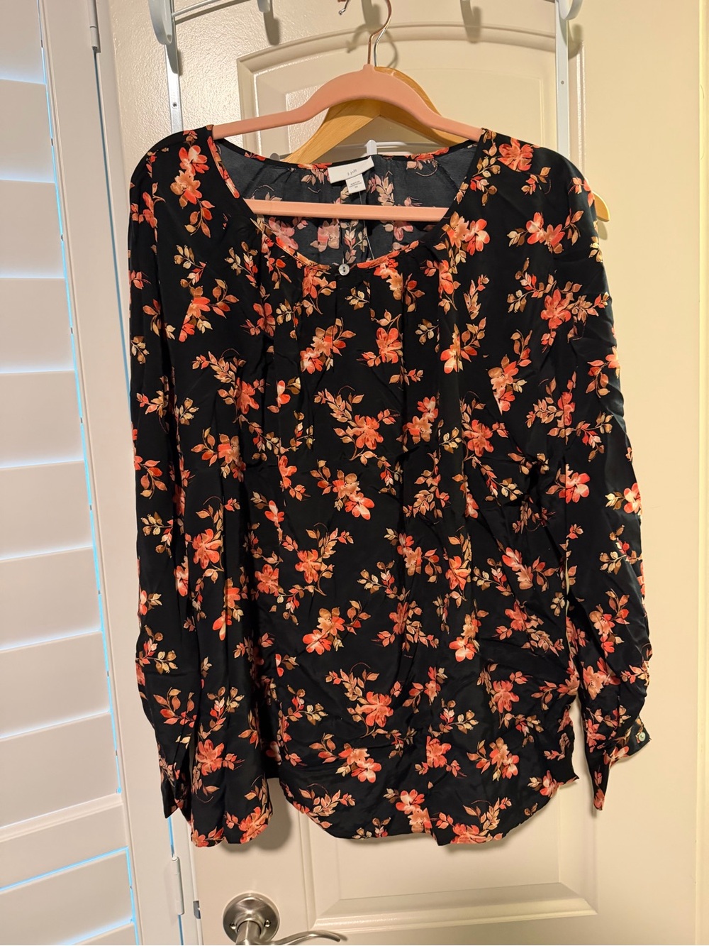 J. Jill Black Blouse with Coral Floral Print